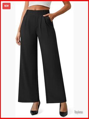 Wide Leg Pull On Work Pants with Pockets Stretchy High Waist Office